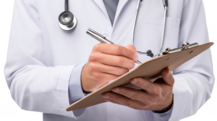 Doctor wearing lab coat and stethoscope is writing notes on a clipboard against a transparent background, emphasizing medical documentation and healthcare expertise