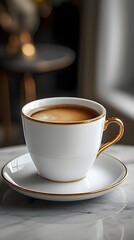 Obraz premium A modern white coffee cup with a gold rimmed edge resting on a saucer