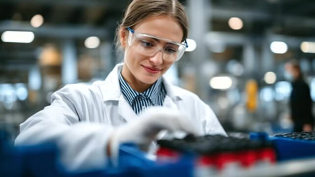 Female production worker secures lid of container filled with diagnostics kits, scanning barcode as part of rigorous quality control process