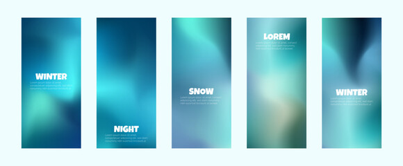 Winter mesh gradient vertical background in blue tones. Smooth mesh design with neon snow effect. Bright, minimal, cosmic and futuristic style for presentation, celebration, business, web. Vector set