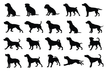 Set of Dog Silhouettes Vector – Standing, Sitting, and Walking Poses on White Background