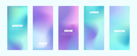 Winter mesh gradient vertical background in blue tones. Smooth mesh design with neon snow effect. Bright, minimal, cosmic and futuristic style for presentation, celebration, business, web. Vector set