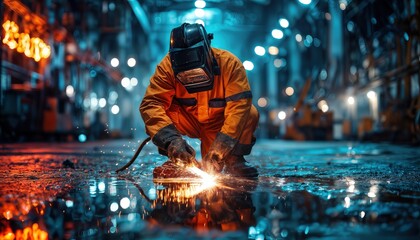 a skilled welder in an orange suit intensely focuses on cutting metal with a bright torch in a dimly lit industrial setting, surrounded by vibrant sparks and blurred background lights.