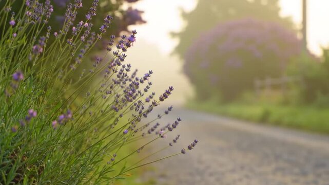 Lavender Blooms Adorn Early Morning Pathway Mistical Garden Scenery