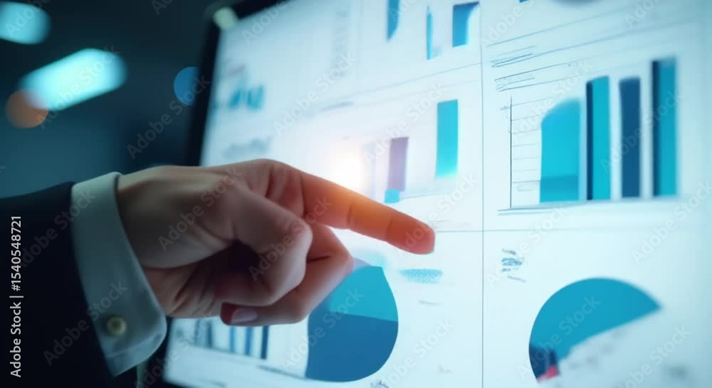 Poster person pointing computer screen graphs hand focus background blurred