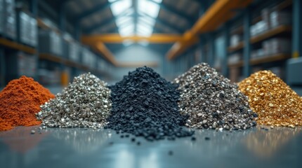 Piles of rare earth elements and metallic ores in industrial warehouse, raw materials for tech, electronics, renewable energy.