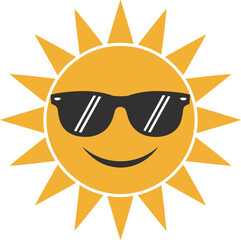 Smiling sun with bold curls and sunglasses under hello sunshine text in warm fiery retro style illustration  
