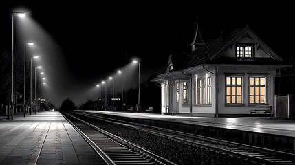 Fototapeta premium Night Train Station: Solitude and Tranquility