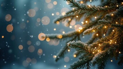 Pine branches with twinkling garland, snowflakes falling, magical winter holiday background, festive and inviting.