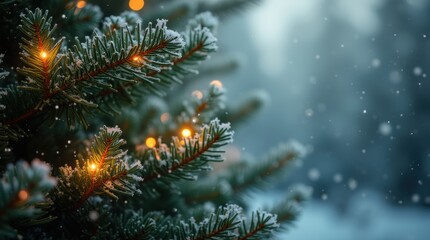 Pine branches with twinkling garland, snowflakes falling, magical winter holiday background, festive and inviting.