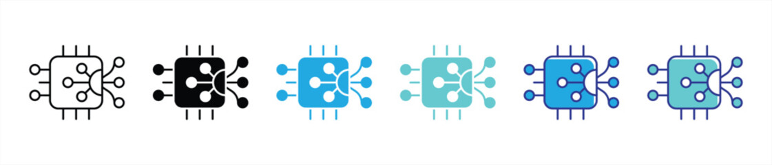 AI core icon set. containing essential processor, distributed connection, connectivity, and computational power in a microchip thin line and color style icon symbol sign. vector illustration