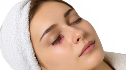 Close up of a woman with a black eye, wearing a towel on her head, showcasing the effects of domestic violence with a transparent background