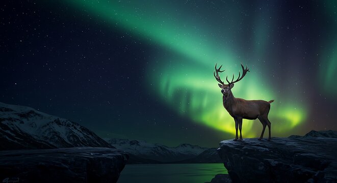 A highly realistic aurora scene with vibrant green ribbons of light streaking across a clear starry sky, silhouetted pine trees below and snow covered ground glowing faintly,