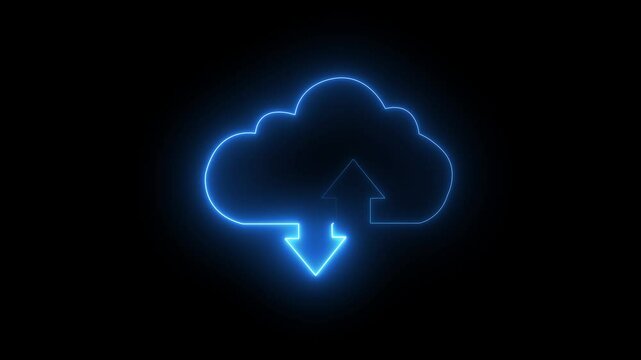  Glowing color flicker. neon cloud storage with arrows, Cloud computing glowing neon Downloading icon animation .