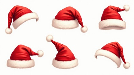 Classic red Santa hats with white fur trim and pom-poms, realistic vector style, isolated on transparent background.