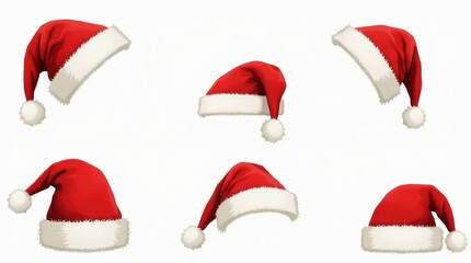 Classic red Santa hats with white fur trim and pom-poms, realistic vector style, isolated on transparent background.