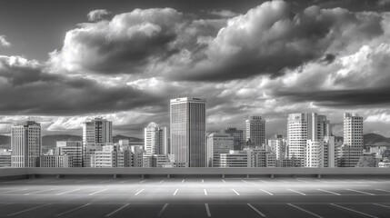 Fototapeta premium Cityscape Panorama: Monochromatic Urban Skyline Under Dramatic Clouds