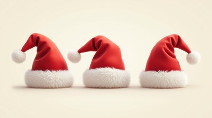 Classic red Santa hats with white fur trim and pom-poms, realistic vector style, isolated on transparent background.