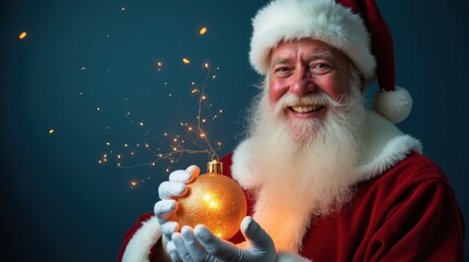 Santa Claus smiling, holding shining Christmas ball, magical blue background, space for holiday greeting or message.