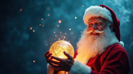 Santa Claus smiling, holding shining Christmas ball, magical blue background, space for holiday greeting or message.
