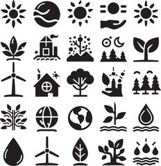 Eco Nature Icons Set – Sun, Leaf, Recycle, Flower, and Environment Symbols

