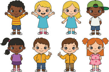 Diverse Group of Happy Cartoon Children in Various Poses, Representing Childhood, Friendship, and Education – Ideal for Kids' Products and Learning Materials
