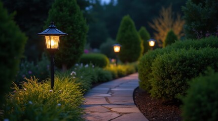 Warm solar lanterns light winding stone path, night garden, green foliage and trees, cozy outdoor decor inspiration.