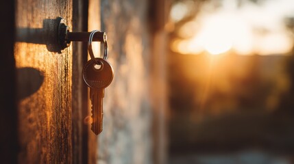 A key hanging from a lock in a wooden door is illuminated by warm, golden sunlight during sunset