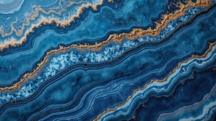 Blue onyx marble with intricate natural patterns and golden accents, polished and luxurious, abstract stone background.