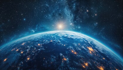 Obraz premium a breathtaking view of earth illuminated by city lights at night, rising above a star-filled sky and distant galaxy.