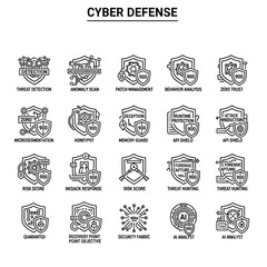 Cyber Defense Icons: a collection of detailed and visually engaging icons, perfectly tailored to represent various aspects of cybersecurity. The icons are crisply designed.