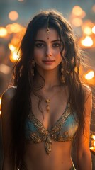 Close-up Portrait of Indian Woman Wearing Traditional Jewelry and Teal Garment