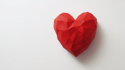 Vibrant red low-poly heart with triangular facets on a plain light background, showcasing geometric design and striking visual contrast.