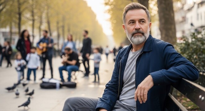 Pensive man on bench observes park life