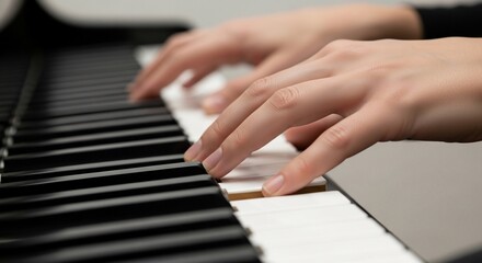 Obraz premium Piano player presses keys with dexterity