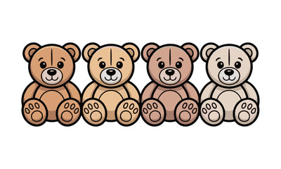 Scalable vector illustration of four teddy bears in a horizontal row, each drawn in a minimalist cartoon style, easily editable and scalable.
