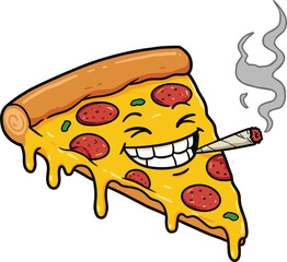 Happy Cartoon Pizza Slice Smoking a Joint, Expressing Chill Vibes and Relaxation – Ideal for Cannabis Culture and Humorous Food Designs