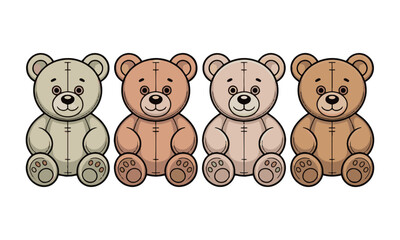 Scalable vector illustration of four teddy bears in a horizontal row, each drawn in a minimalist cartoon style, easily editable and scalable.

