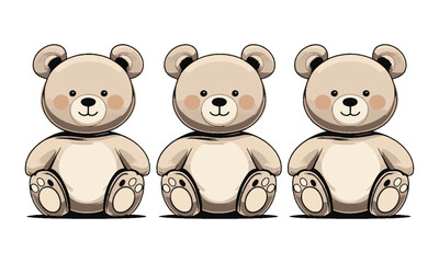 Scalable vector illustration of four teddy bears in a horizontal row, each drawn in a minimalist cartoon style, easily editable and scalable.
