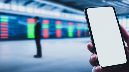 Stock Market Analysis on Mobile: A person, using a smartphone, examines the stock market with a background of financial data.