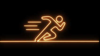 Glowing neon silhouette icon of a running person isolated on black background