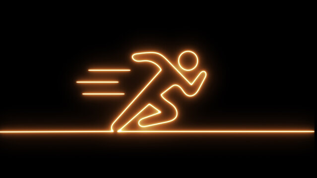 Glowing neon silhouette icon of a running person isolated on black background