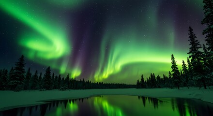 Fototapeta premium A highly realistic aurora scene with vibrant green ribbons of light streaking across a clear starry sky, silhouetted pine trees below and snow covered ground glowing faintly,