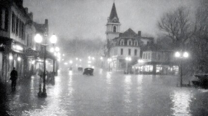 Fototapeta premium Flooded Town Street at Night: A Black and White Photograph