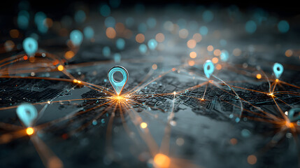 Digital map interface shows glowing location pins on network connections. Futuristic tech navigation system. Glowing blue pins highlight data points. Abstract design. Virtual world exploration