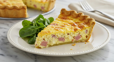 A slice of ham and Swiss cheese quiche with a golden crust, fluffy egg filling, and visible chunks of ham and melted cheese. Displayed on a porcelain plate with a side of greens