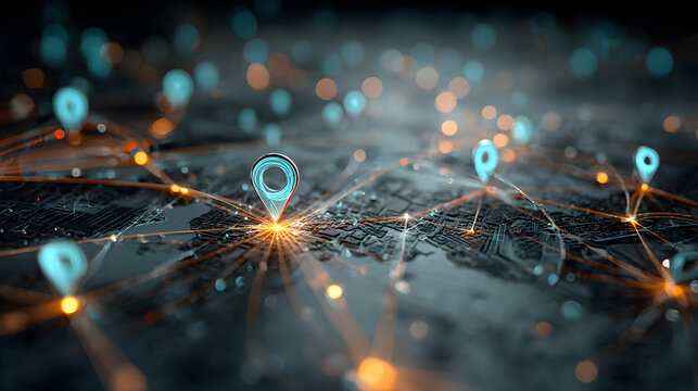 Digital map interface shows glowing location pins on network connections. Futuristic tech navigation system. Glowing blue pins highlight data points. Abstract design. Virtual world exploration