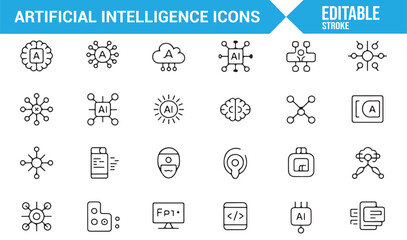 Line Art Icons Representing Artificial Intelligence, Machine Learning, and Technology