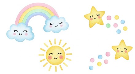 Cute cartoon sun, rainbow, clouds, stars isolated on white background