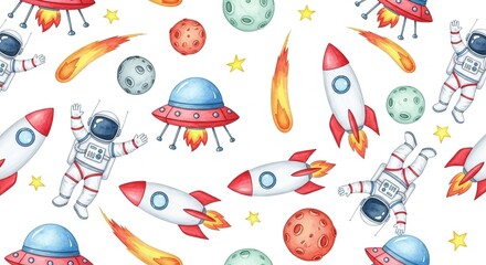 Space watercolor pattern: Astronauts, rockets, UFOs